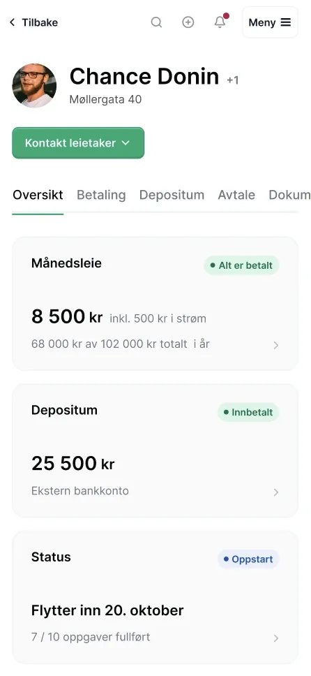 A tenancy in the Husleie.no app, showing rent paid, the deposit and move-in status